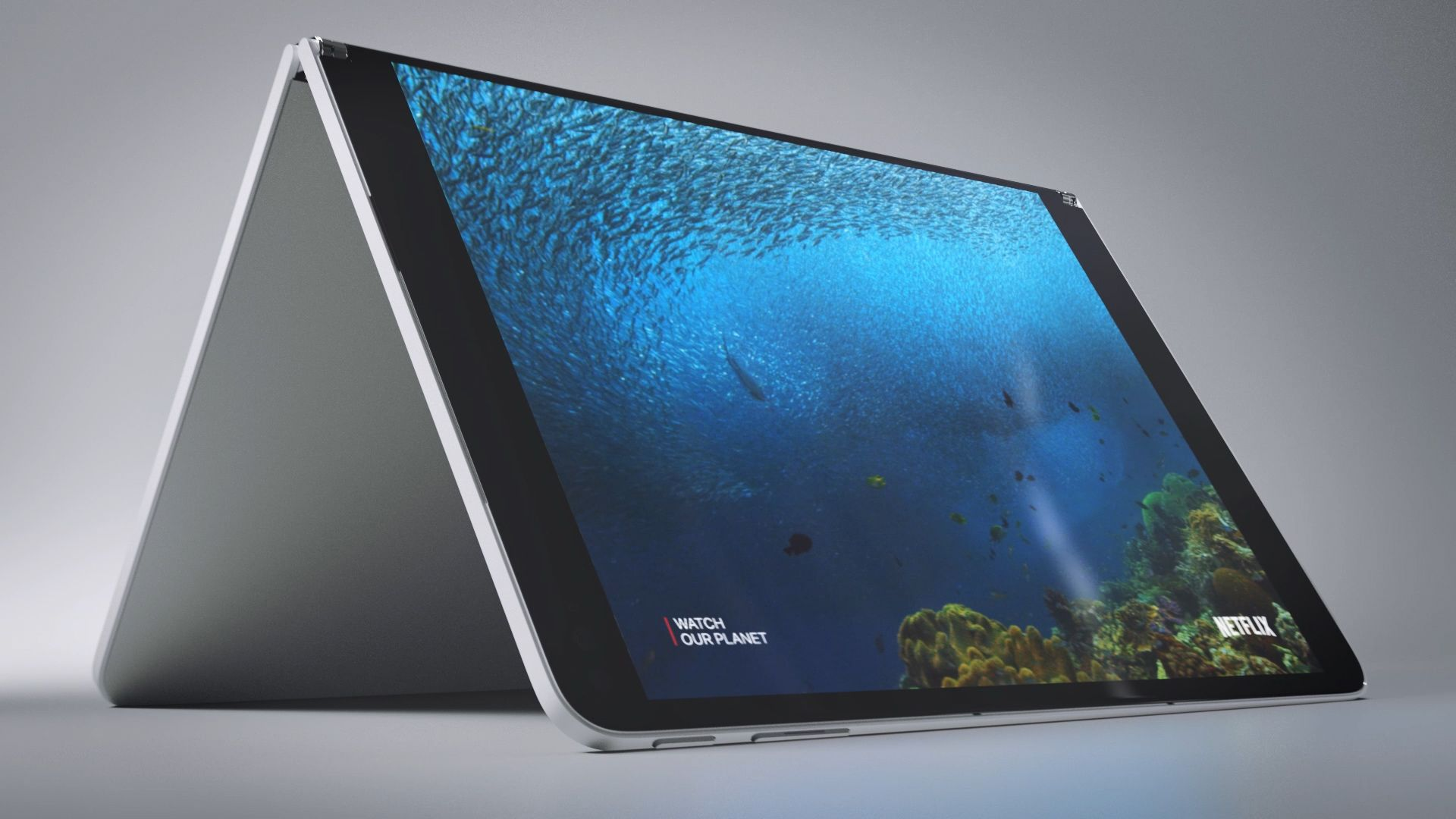 The Surface Neo stands unfolded on a surface and shows a film on a screen