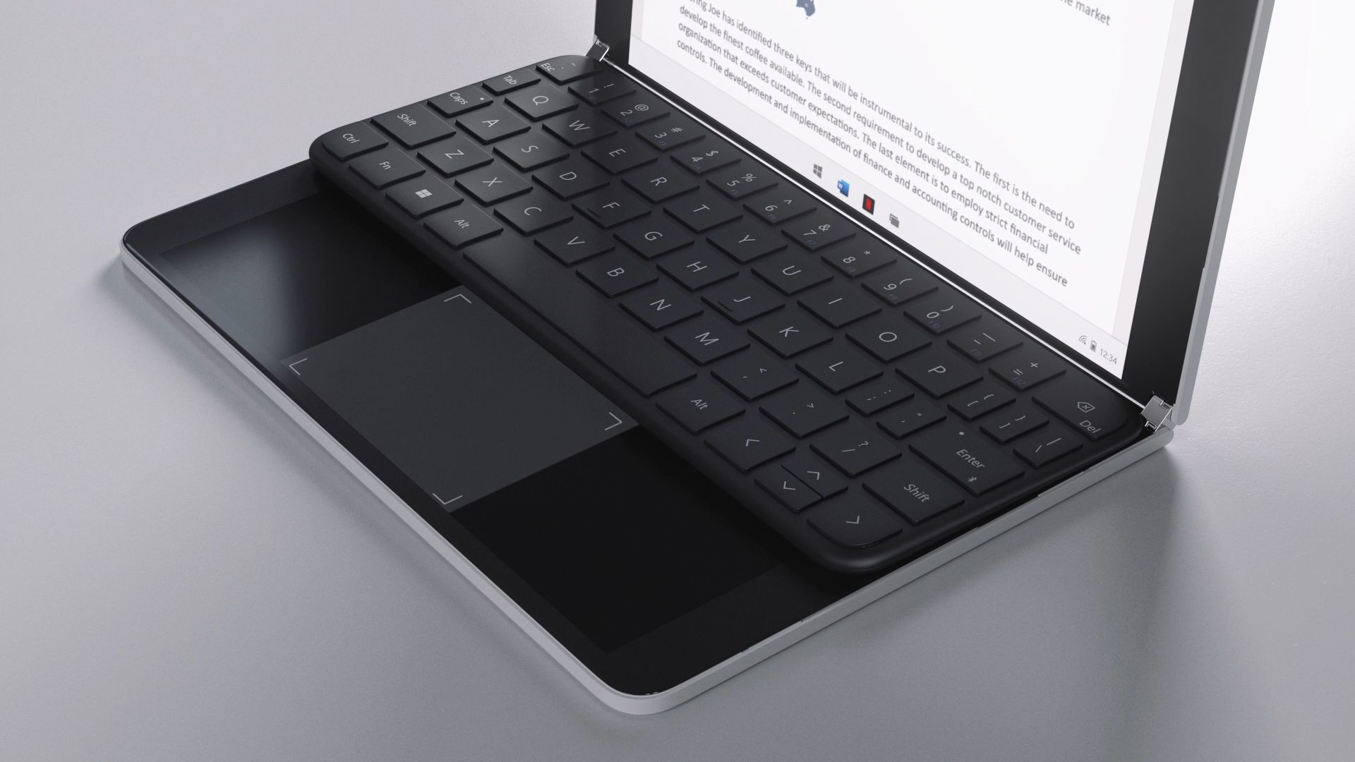 The keyboard and trackpad of the Surface Neo are placed on a screen of the device. 