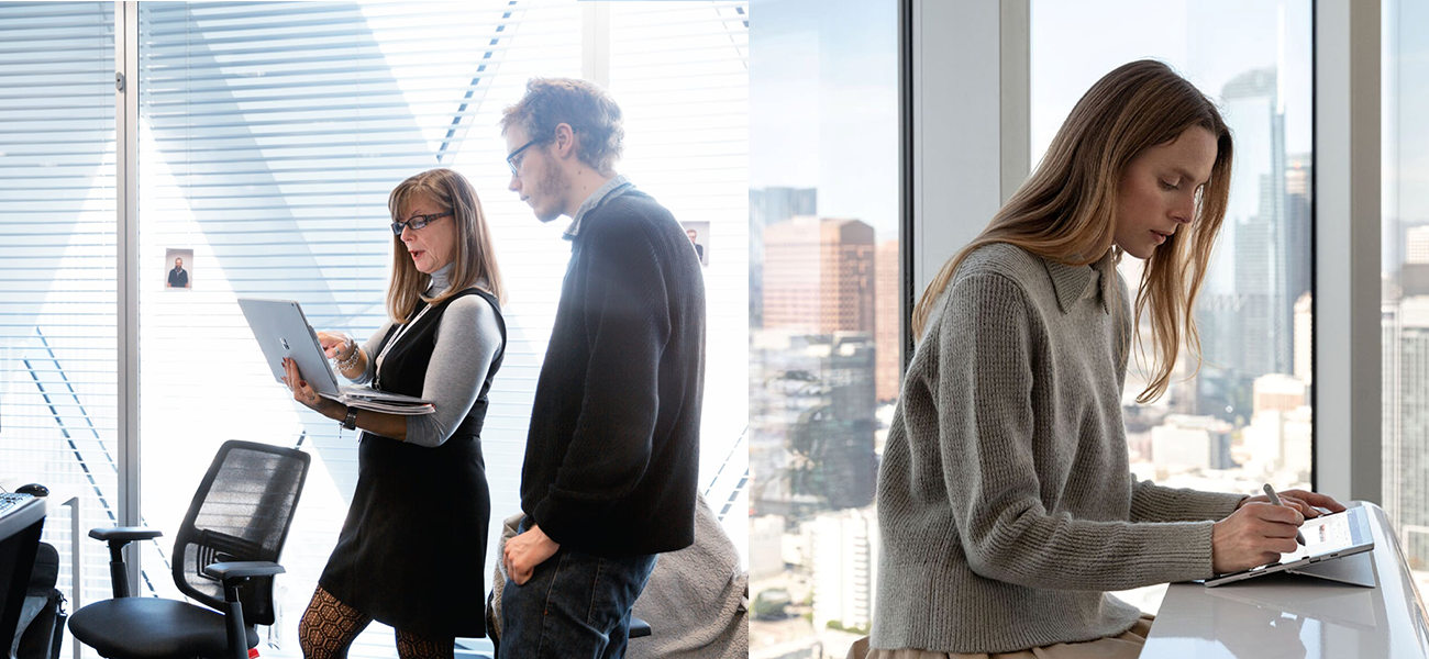 The images show people working on Surface devices in different office spaces.