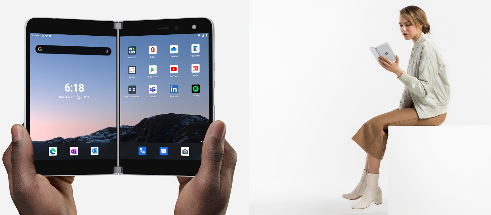 Das Bild Links zeigt das Surface Duo im aufgeklappten Modus, auf dem Bild rechts hält eine Frau das Surface Duo aufgeklappt in ihrer Hand.
