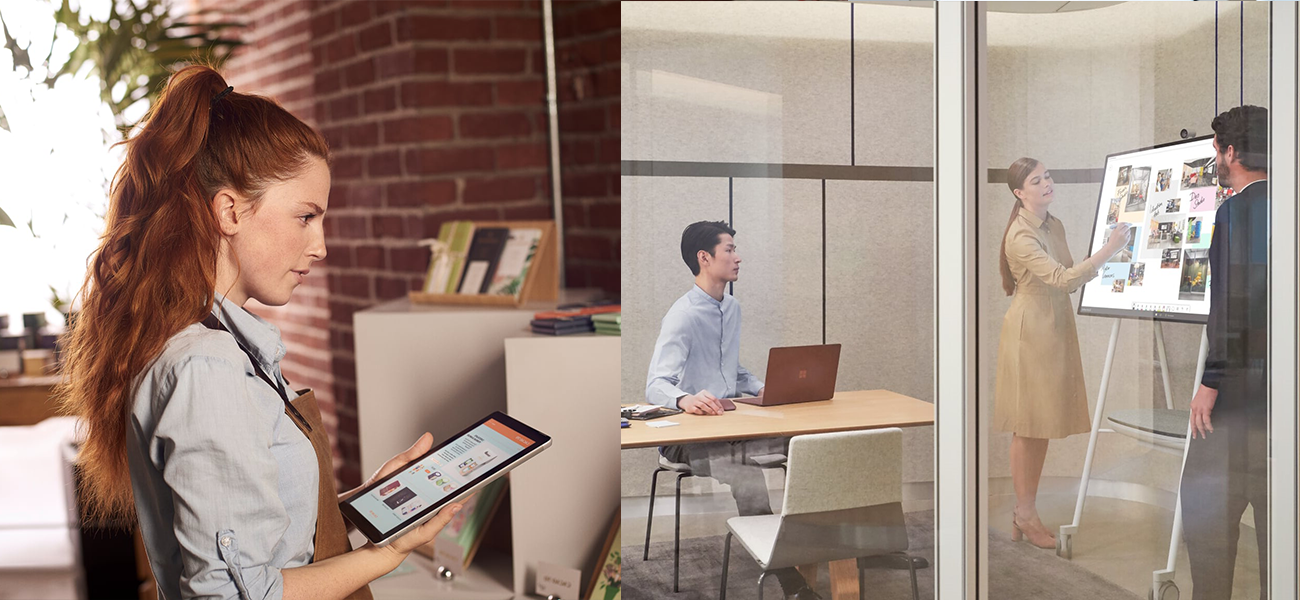 The images show people working on different surface devices.