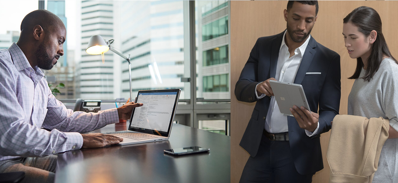 The images show a man working on his Surface Book at an office and two people looking at the Surface Go in tablet mode.