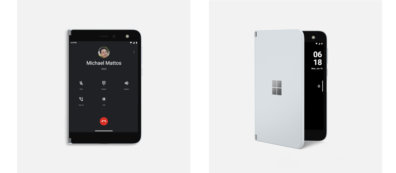 Det venstre billede viser Surface Duo i telefontilstand. I højre billede ses det halvåbent, så du tydeligt kan se Microsoft Surface-logoet på Surface Duo.
