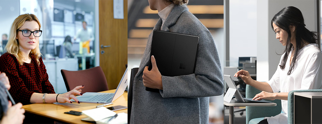 Drei Bilder, die Personen mit Surface Geräten in einem Büro, unterwegs und in einem Café, zeigen.