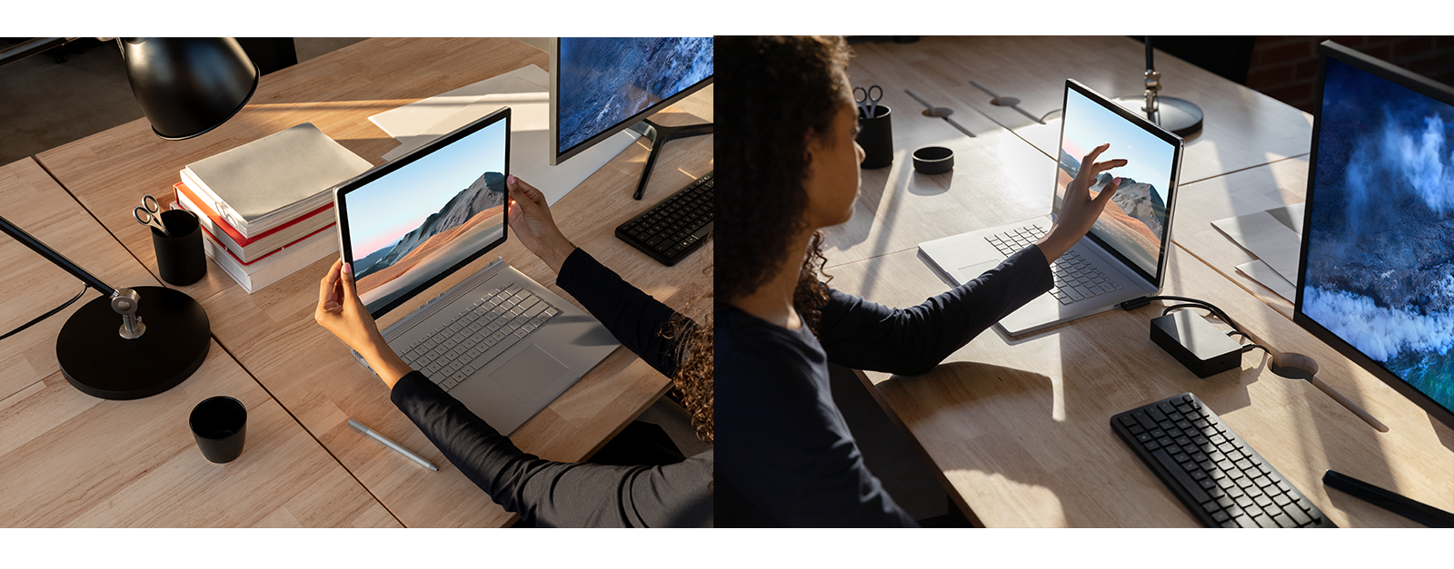 Surface Book 3 står på en arbejdsplads. På venstre billede adskiller en person skærmen og tastaturet, på højre billede skriver en person på skærmen.
