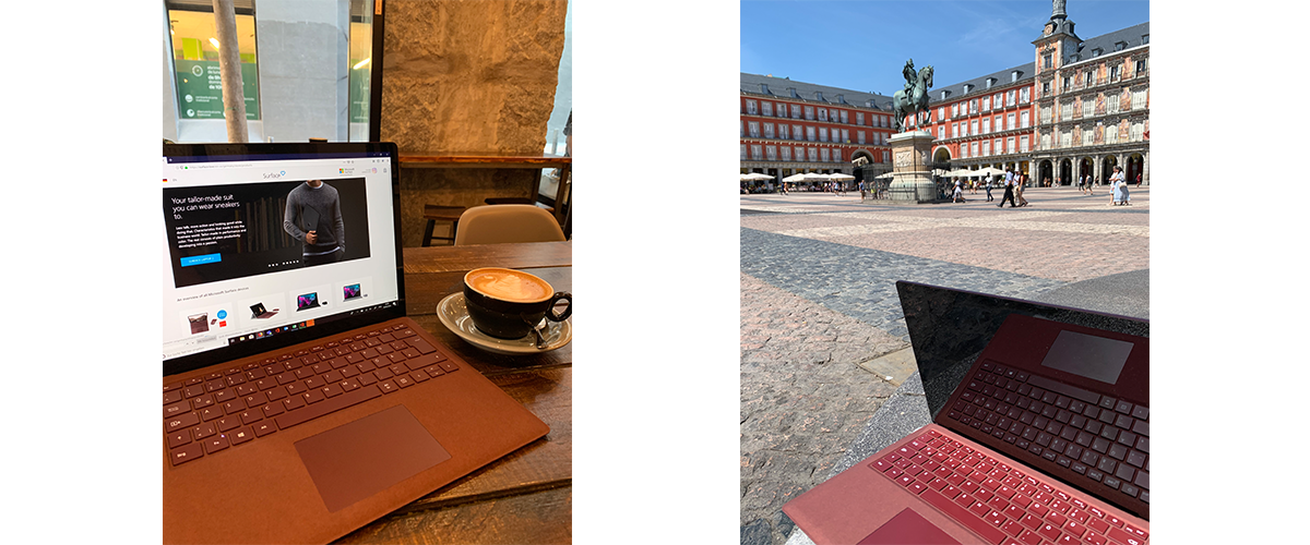 Surface Laptop 2 i bordeauxrød bruges i venstre billede på en café og i det højre billede på en plads i Madrids sol