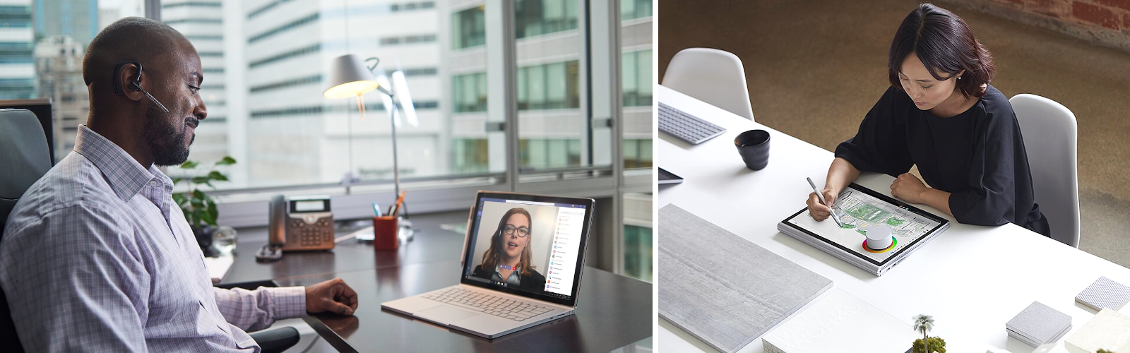 På billedet til venstre taler en mand med en kvinde ved sit skrivebord ved hjælp af Teams-videochat; på billedet til højre tegner en kvinde på Surface Book med Surface Pen og Surface Dial