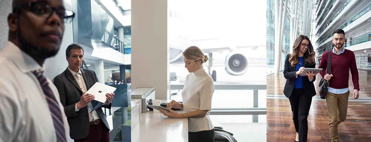 Drei Bilder, die Personen beim Arbeiten an Surface-Geräten in einem Flur, am Flughafen und in einer Eingangshalle zeigen.