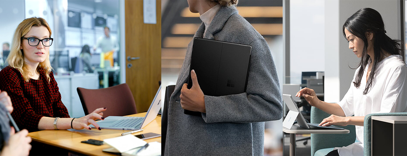 Drei verschiedene Bilder zeigen Frauen, die mit dem Surface Pro und dem Surface Laptop mobil arbeiten. 