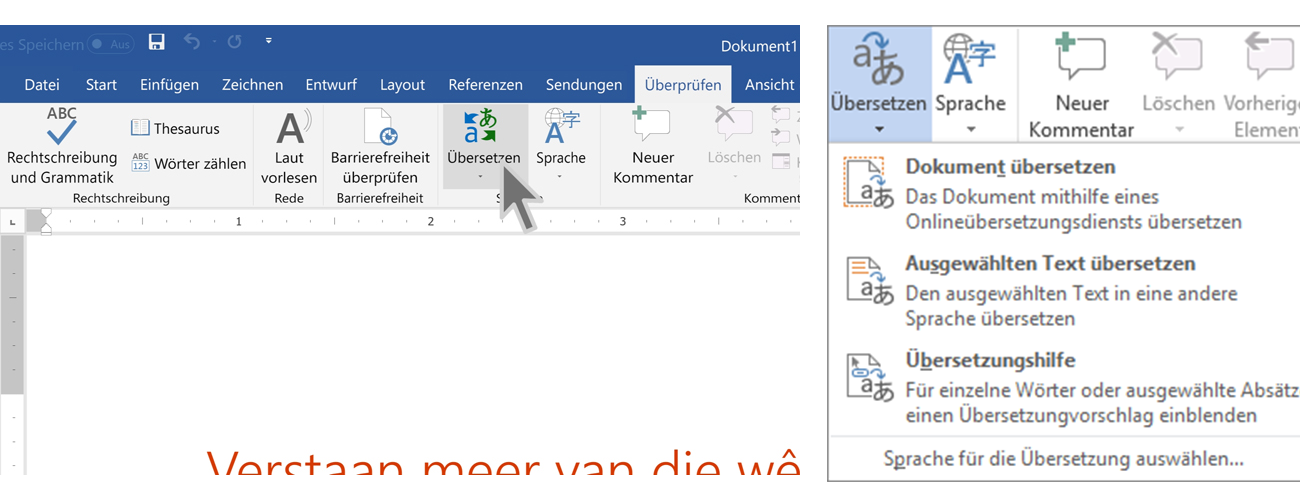 Das Bild zeigt die Anwendung Word und die Übersetzungsfunktion im Dokument