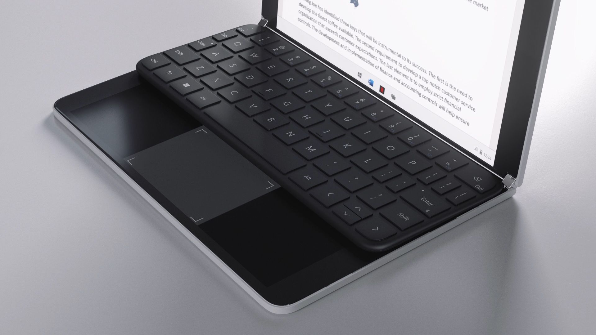 Tastaturet og trackpadden af Surface Neo er sat på enhedens ene skærm.