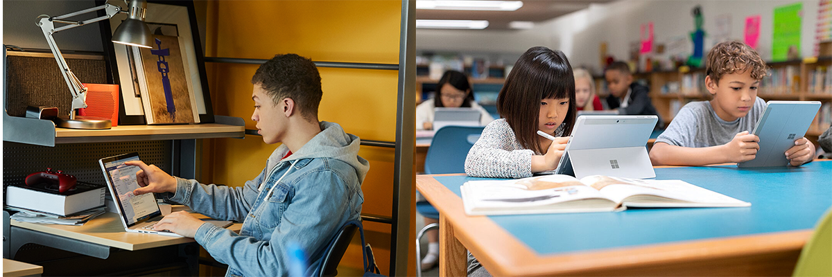 Auf dem linken Bild sitzt ein junger Mann an einem Schreibtisch und arbeitet an einem Surface Book. Auf dem rechten Bild sind zwei Lernende im Klassenzimmer zu sehen, die an zwei Surface Go Geräten arbeiten.