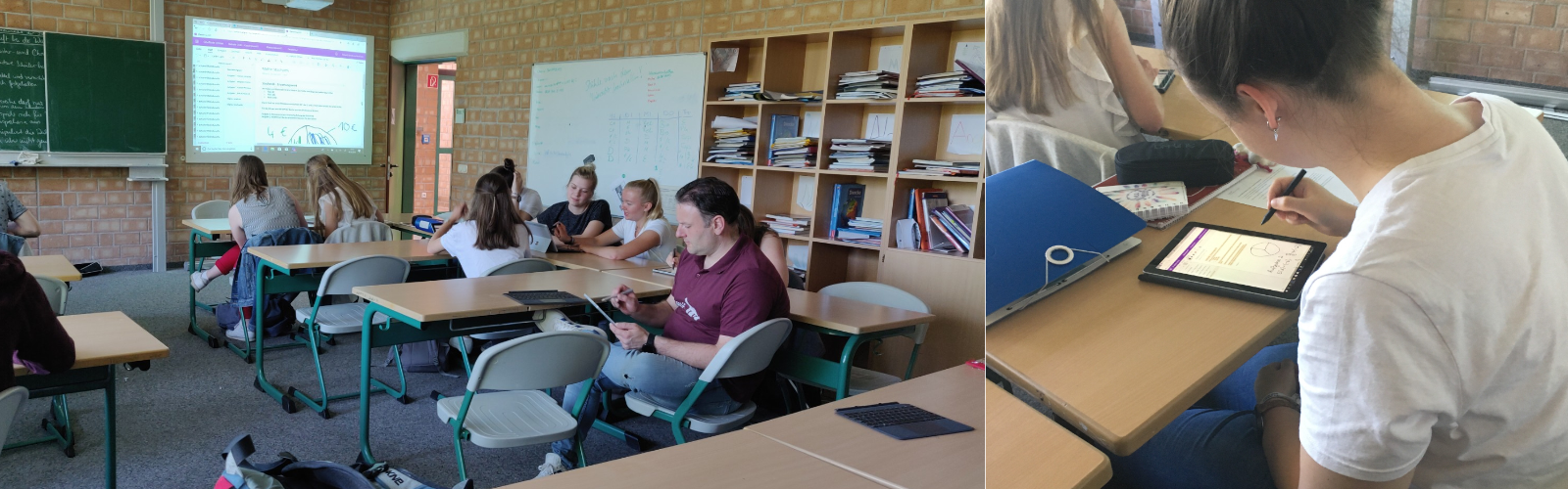 Zwei Bilder zeigen, wie Lernende und eine Lehrperson im Klassenraum mit den Surface Go Devices arbeiten. 