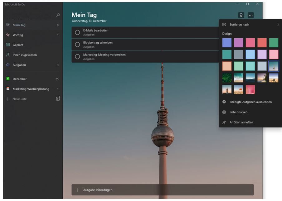 Ein Screenshot der Desktop-Ansicht "Mein Tag" in Microsoft To Do zeigt