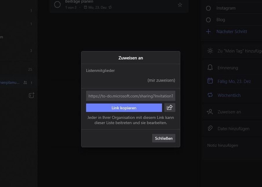 Ein Screenshot der Desktop-Ansicht zeigt, wie Aufgaben mit Listenmitgliedern geteilt werden können