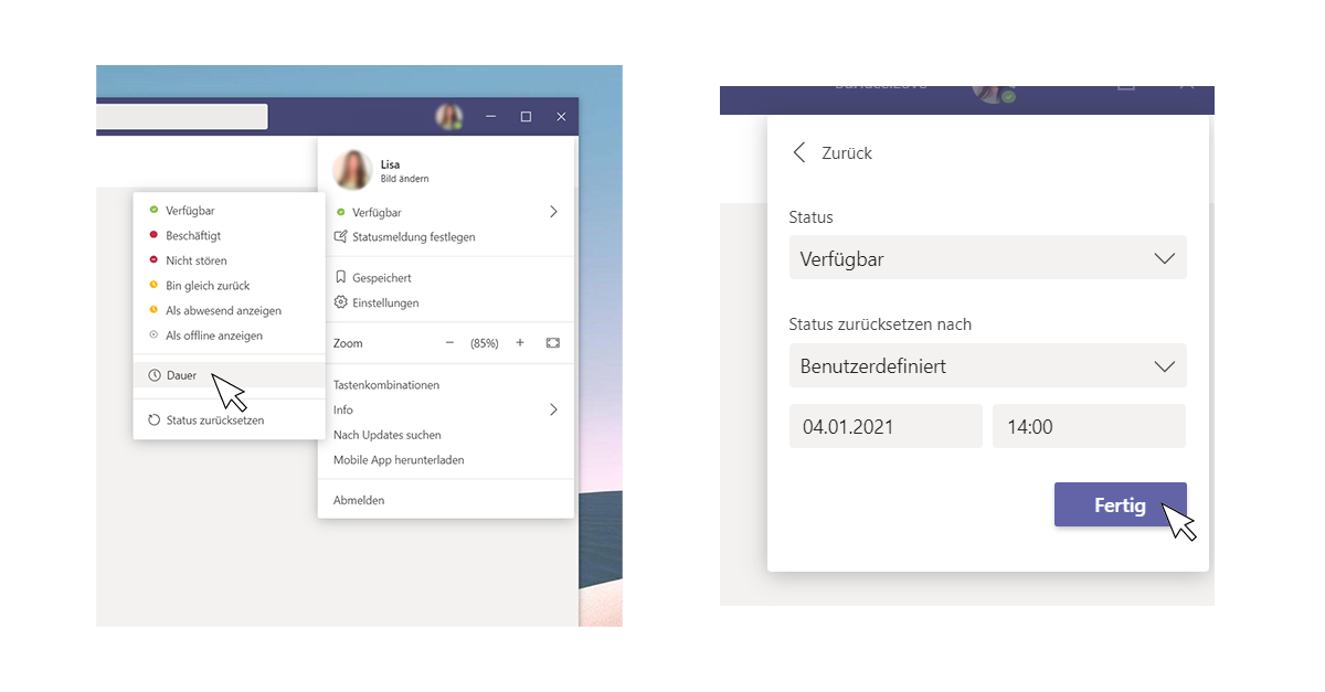Screenshots von der Anwendung Microsoft Teams die die Einstellung der Verfügbarkeit für einen bestimmten Zeitraum zeigen