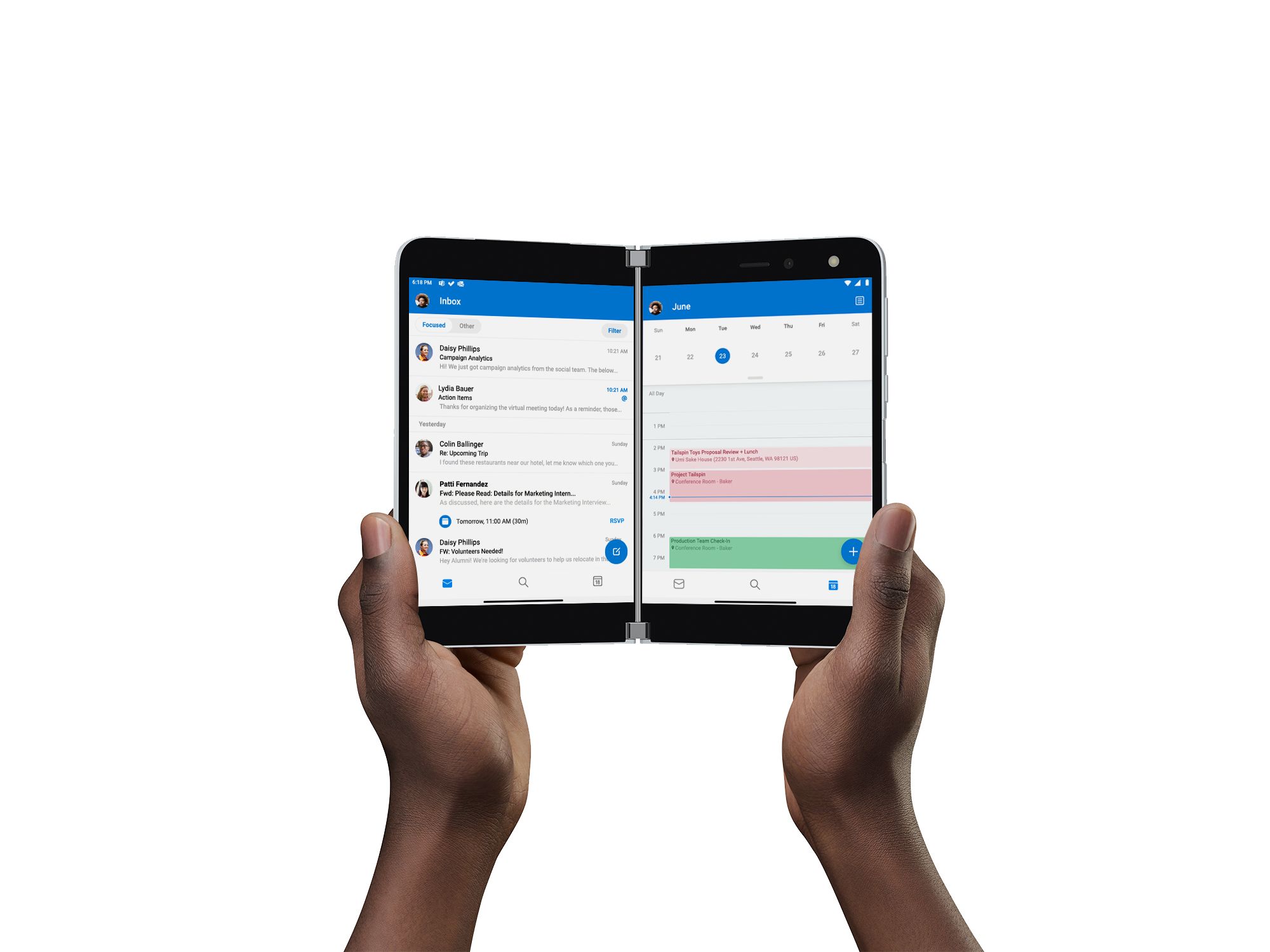 The Surface Duo is held on 2 hands, on the screens in landscape mode the Outlook app is open