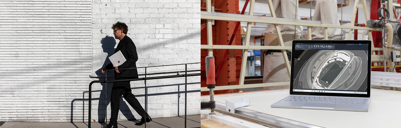 A man walks holding a Surface Book 3 under his arm. A Surface Book 3 is placed on a table in a workshop. 