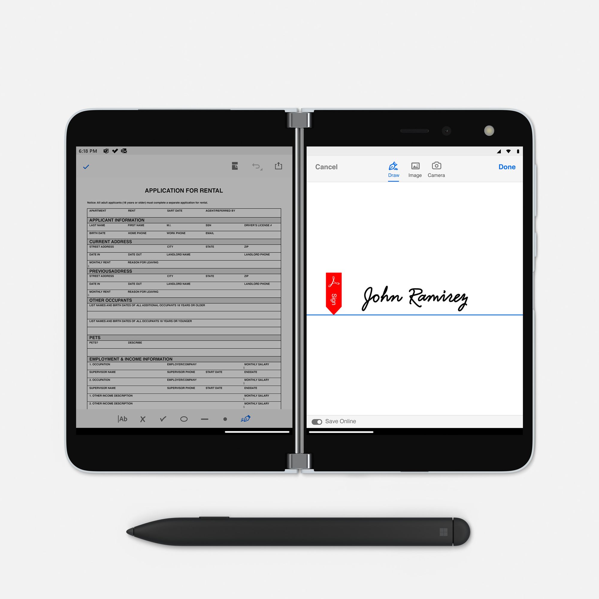 The Surface Duo in Book Mode displays a PDF document on the left screen while a signature is displayed on the right screen and a Surface Slim Pen is placed underneath the Surface Duo