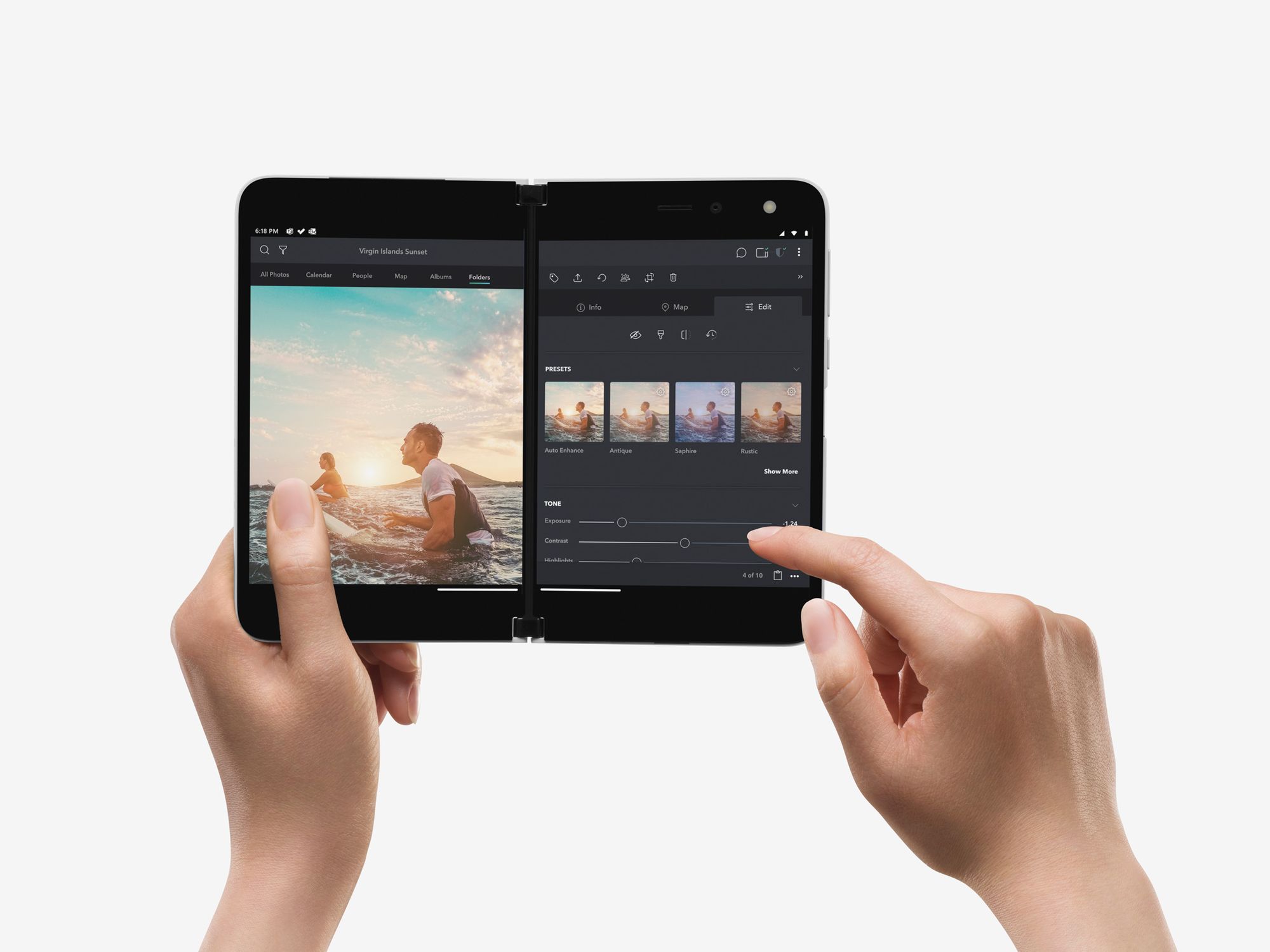 One person's hands edit images across both screens on Surface Duo in an app 