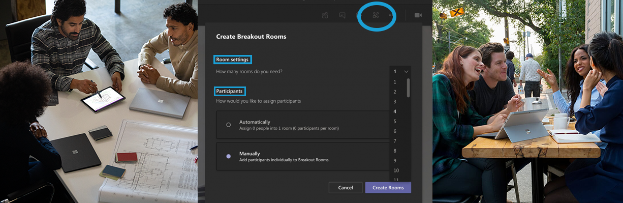 Mittig auf dem Bild ist das Menü für die Erstellung von Breakout-Räumen in Microsoft Teams zu sehen, links und rechts sieht man jeweils mehrere Menschen die gemeinsam an einem Tisch sitzen, sich unterhalten und arbeiten.