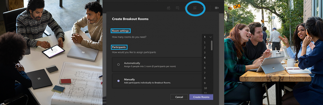 In the middle of the picture, you can see the menu for creating breakout rooms in Microsoft Teams, on the left and right you can see several people sitting together at a table, talking and working.