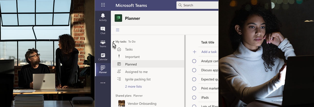 In der Mitte auf dem Bild sieht man einen Ausschnitt des Planners in Microsoft Teams. Links sieht man zwei Personen, die an einem Surface Book arbeiten. Rechts sieht man eine Person die an einem Surface Book arbeitet. 