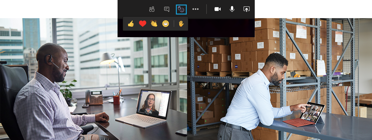 In the middle of the picture, you can see the selection of reactions in a meeting in Microsoft Teams. On the left you see a person working on a Surface Book. On the right you see a person working on a Surface Pro.