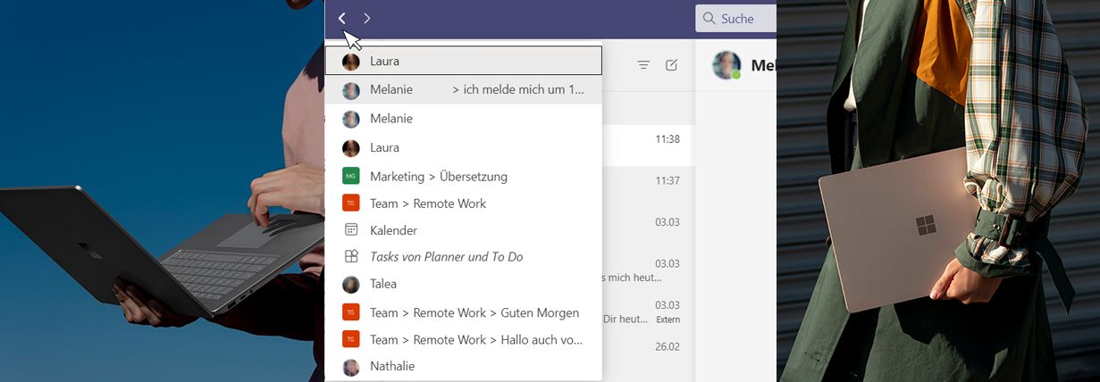 In the middle of the picture, you can see a section of the history in Microsoft Teams. On the left, you can see someone holding a Surface Laptop. On the right, you can see a person carrying a Surface Laptop.