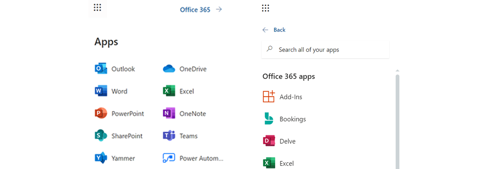 Billedet viser alle applikationer i Microsoft 365.