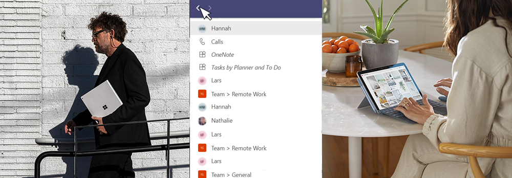 In the middle of the picture, you can see a section of the history in Microsoft Teams. On the left, you can see someone holding a Surface Laptop. On the right, you can see a person carrying a Surface Laptop.