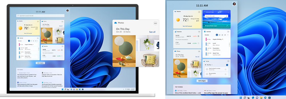 Two screenshots showing widgets on the start screen of a laptop with the Windows 11 operating system