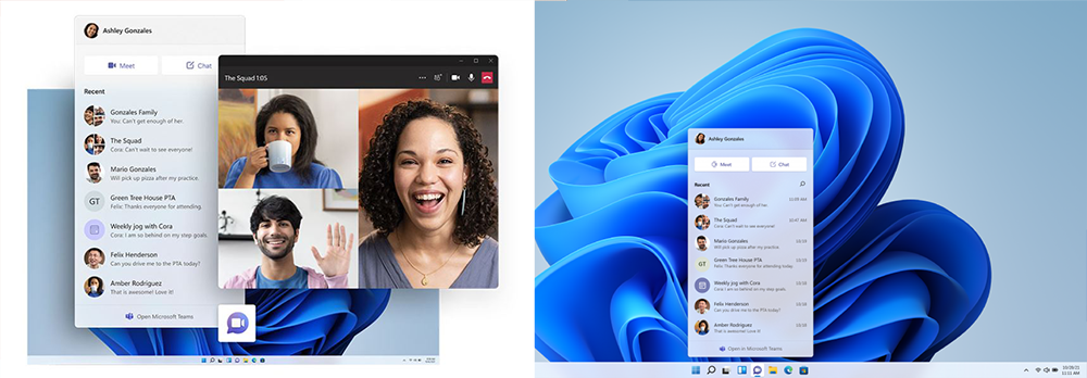 Two screenshots show the new display and usage options of Microsoft Teams with Windows 11