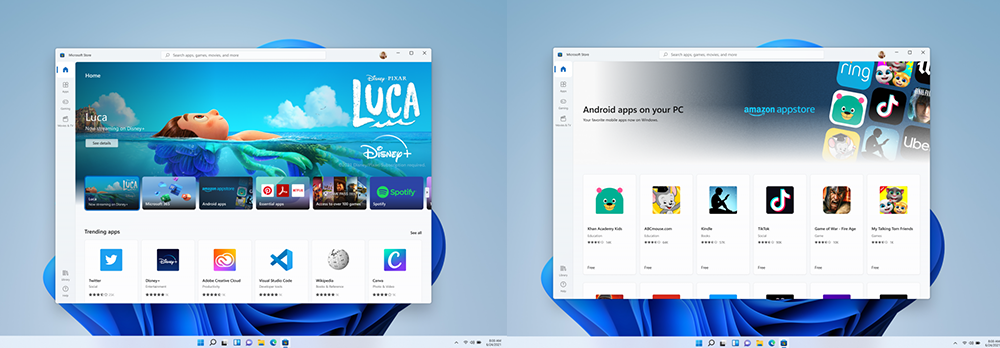 Two screenshots show the revamped Microsoft Store with Windows 11 and an overview of Android apps