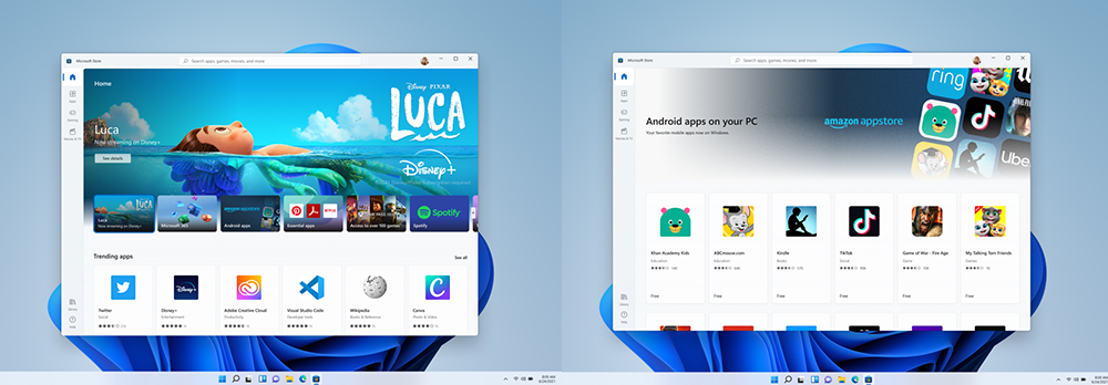 Zwei Screenshots zeigen den überarbeiteten Microsoft Store mit Windows 11 und eine Übersicht von Android Apps