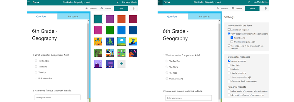 The picture shows the settings menu for a worksheet in Microsoft Forms