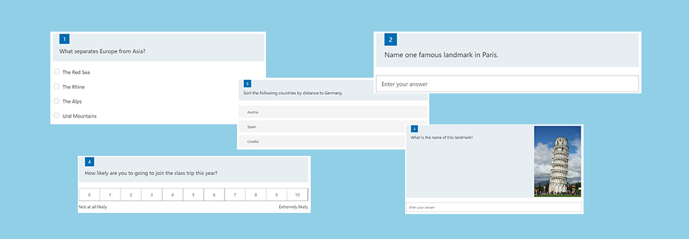 The picture shows an overview of different question-answer options in Microsoft Forms