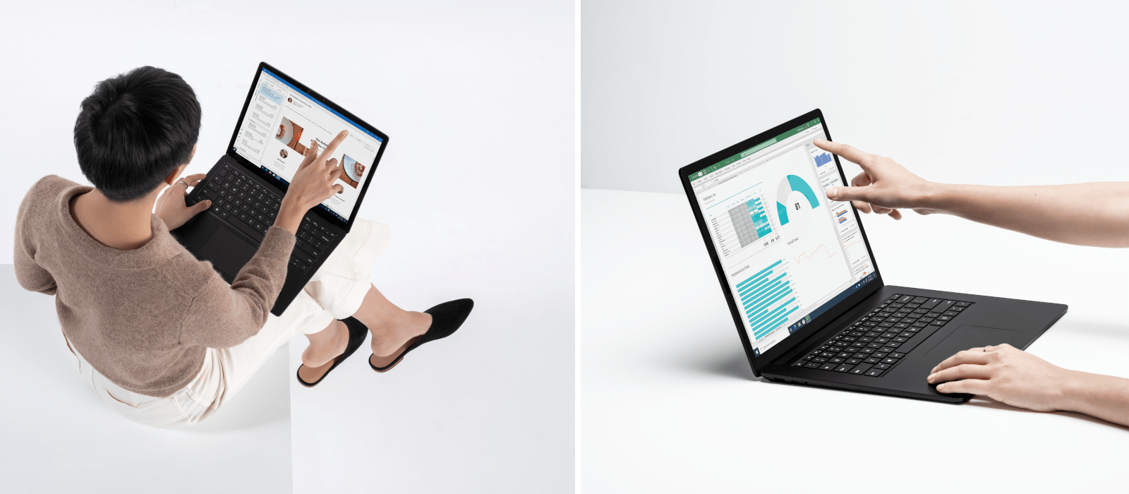 The left picture shows from the bird's eye view a person who taps on the screen of the Surface Laptop. The picture on the right hand side, shows a Surface Laptop on which a hand is typing on the screen from a lateral perspective. 