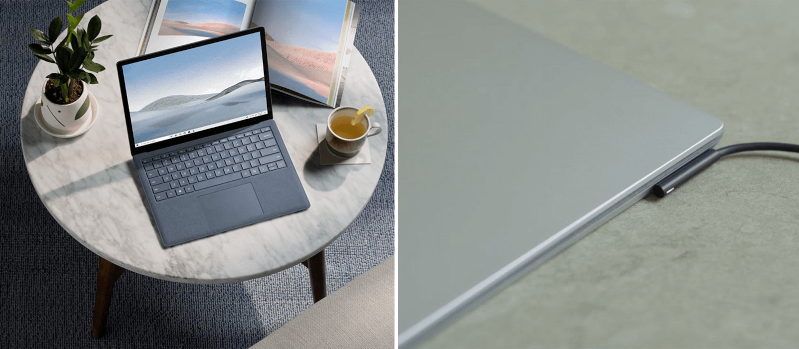 The picture on the left hand side shows a Surface Laptop 4, which is placed between a plant, a mug and a book on a table. The picture on the right hand side shows a detailed view on the plugged charging cable.