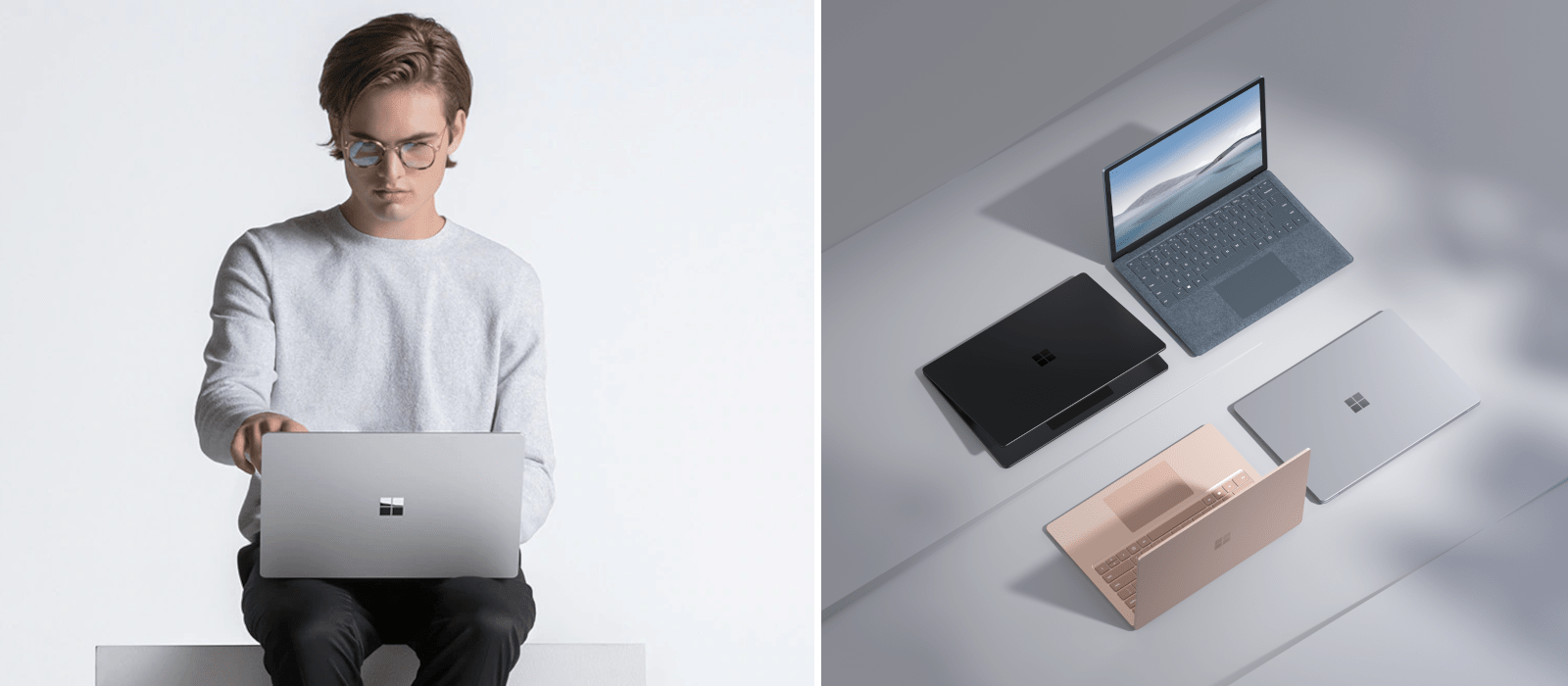 The picture on the left side shows a person who has a Surface Laptop on his lap and taps on the screen. On the picture, four different models of the Surface Laptop 4 are visible.