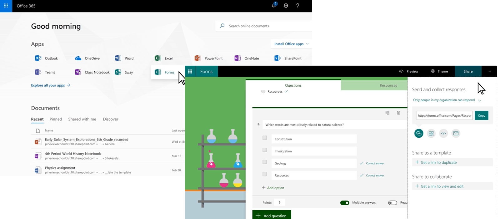 Two Destop windows show different application possibilities in Microsoft Forms 