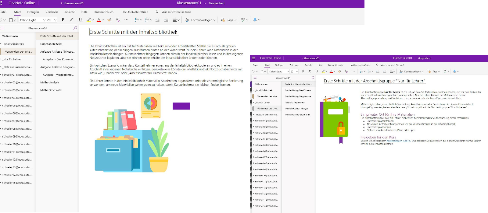 Two desktop windows show different examples of use in OneNote