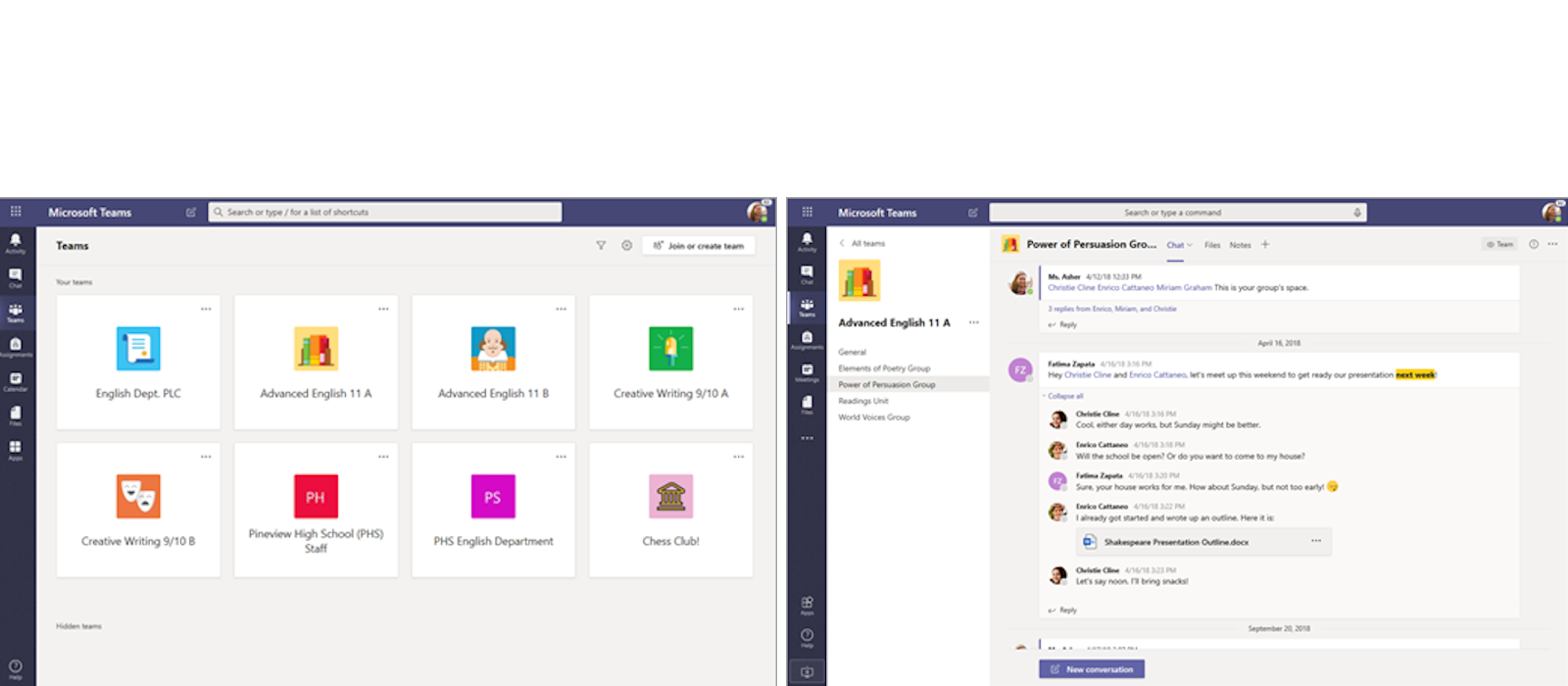  Two desktop windows show team and chat functions in Microsoft Teams