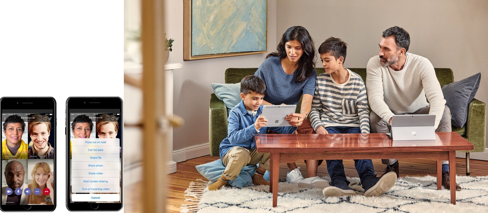 A family sits on the couch with two Surface Go and uses the mobile apps to communicate with others