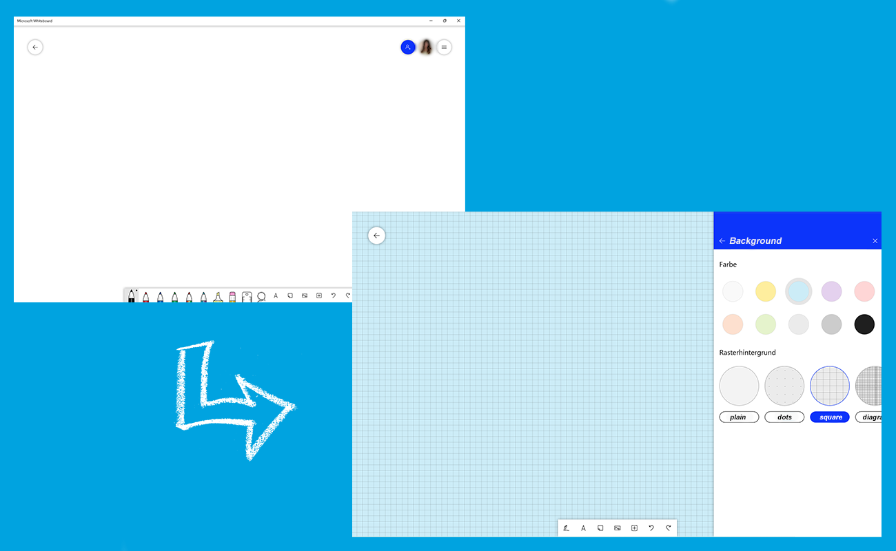 Two screenshots show how the Microsoft Whiteboard can be customised.