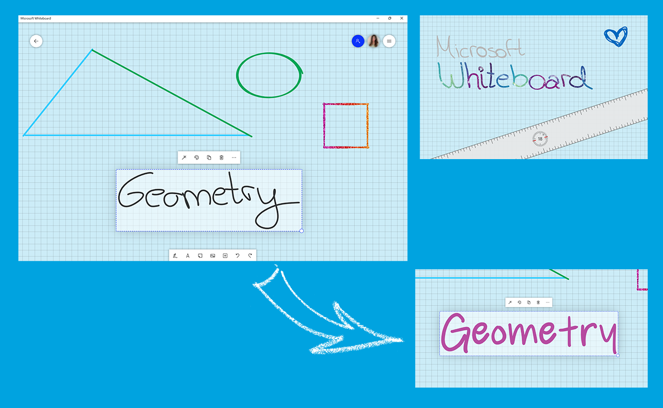 Drei Screenshots zeigen die Möglichkeiten der "ink beautification" in Microsoft Whiteboard.