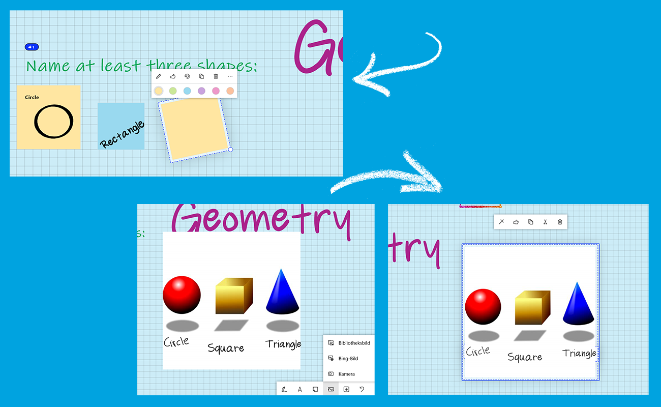 Three screenshots show how notes and images can be inserted into Microsoft Whiteboard.