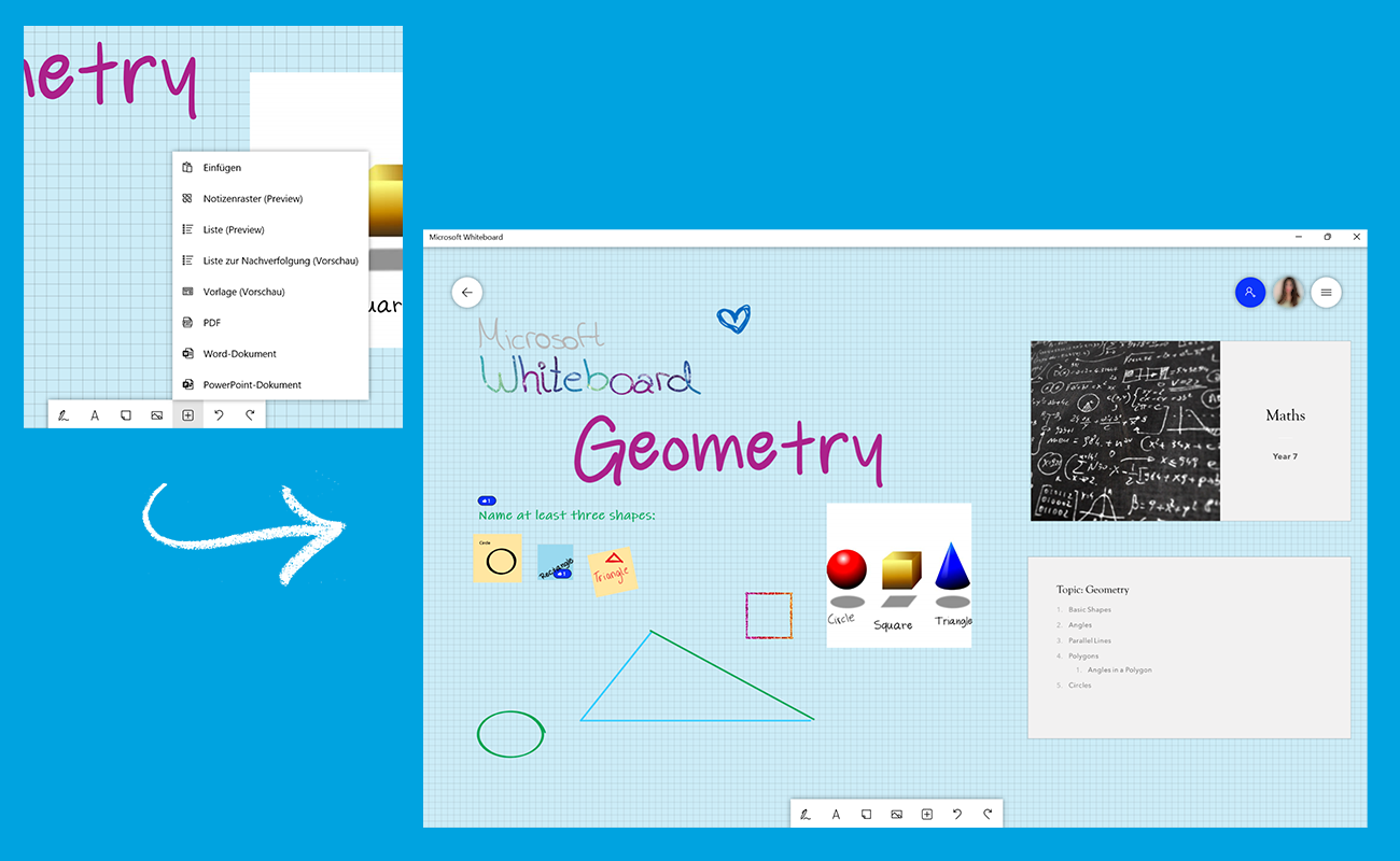 Zwei Screenshots zeigen, wie externe Inhalte in Microsoft Whiteboard eingefügt werden können.