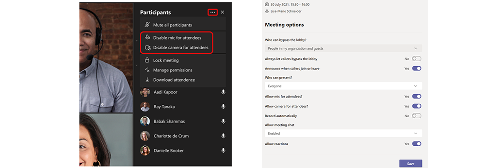 Two screenshots show the settings for activating and deactivating the camera and microphone for participants in a meeting.