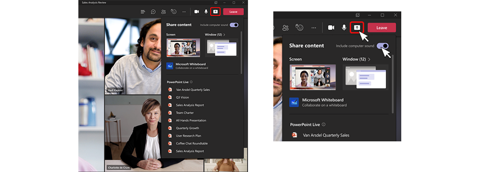 Two screenshots show the revised sharing environment during meetings